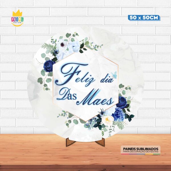 Painel Redondo 3D Feliz Dia das Mães Tecido 50cm X 50cm Com Suporte MDF