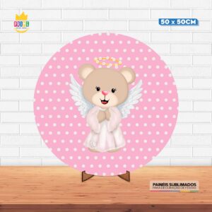 Painel Redondo 3D Batizado Tecido 50cm X 50cm Com Suporte MDF