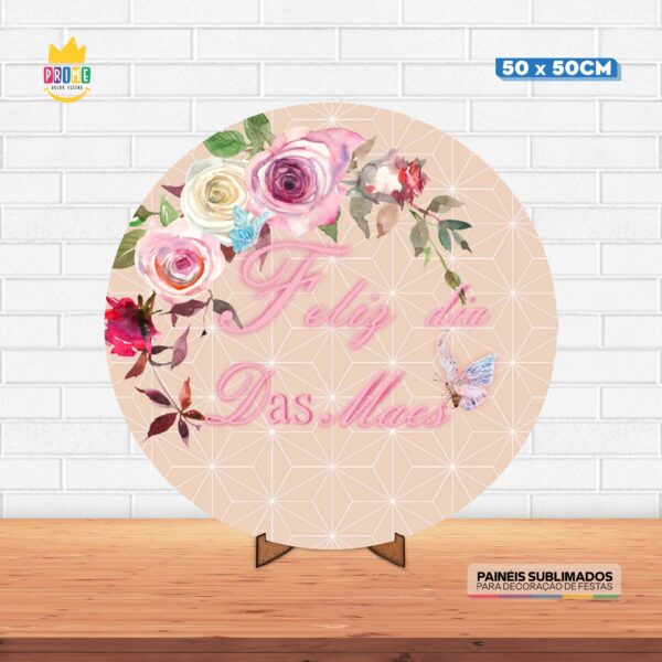 Painel Redondo 3D Feliz Dia das Mães Tecido 50cm X 50cm Com Suporte MDF