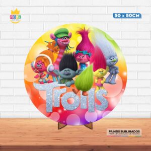 Painel Redondo 3D Trolls Tecido 50cm X 50cm Com Suporte MDF