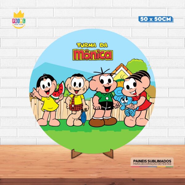 Painel Redondo 3D Turma da Mônica Tecido 50cm X 50cm Com Suporte MDF