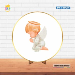 Painel Redondo 3D Batizado Anjinho Tecido 50cm X 50cm Com Suporte MDF