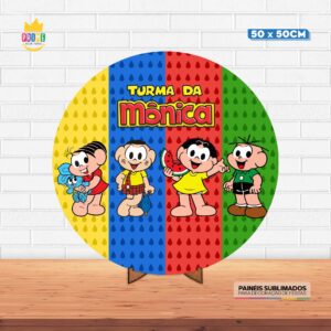 Painel Redondo 3D Turma da Mônica Tecido 50cm X 50cm Com Suporte MDF