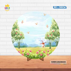 Painel Redondo 3D Jardim Encantado Tecido 50cm X 50cm Com Suporte MDF