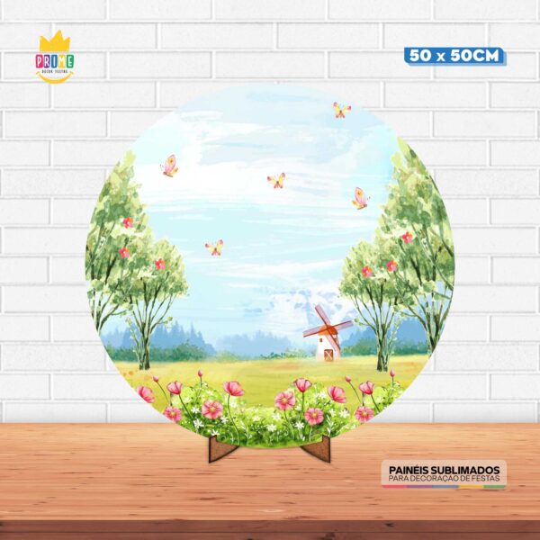 Painel Redondo 3D Jardim Encantado Tecido 50cm X 50cm Com Suporte MDF