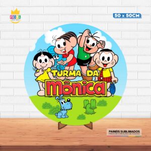 Painel Redondo 3D Turma da Mônica Tecido 50cm X 50cm Com Suporte MDF