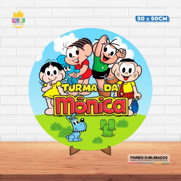 Painel Redondo 3D Turma da Mônica Tecido 50cm X 50cm Com Suporte MDF