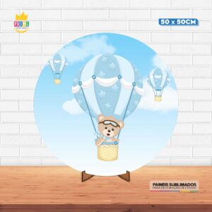Painel Redondo 3D Ursinho Baloeiro Tecido 50cm X 50cm Com Suporte MDF