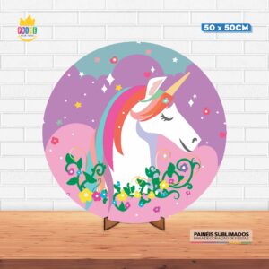 Painel Redondo 3D Unicórnio  Tecido 50cm X 50cm Com Suporte MDF