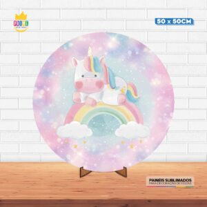 Painel Redondo 3D Unicórnio  Tecido 50cm X 50cm Com Suporte MDF