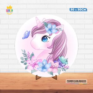 Painel Redondo 3D Unicórnio  Tecido 50cm X 50cm Com Suporte MDF