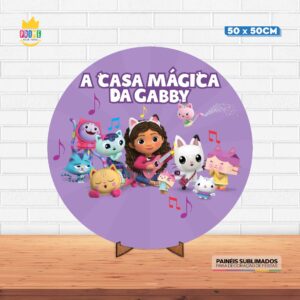 Painel Redondo 3D A Casa Magica de Gabby Tecido 50cm X 50cm Com Suporte MDF