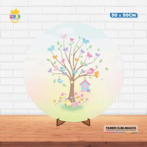Painel Redondo 3D Jardim Encantado Candy Tecido 50cm X 50cm Com Suporte MDF