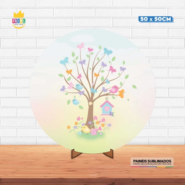 Painel Redondo 3D Jardim Encantado Candy Tecido 50cm X 50cm Com Suporte MDF