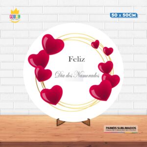 Painel Redondo 3D Dia dos Namorados Tecido 50cm X 50cm Com Suporte MDF