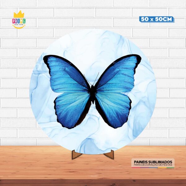 Painel Redondo 3D Borboletas Azul Tecido 50cm X 50cm Com Suporte MDF