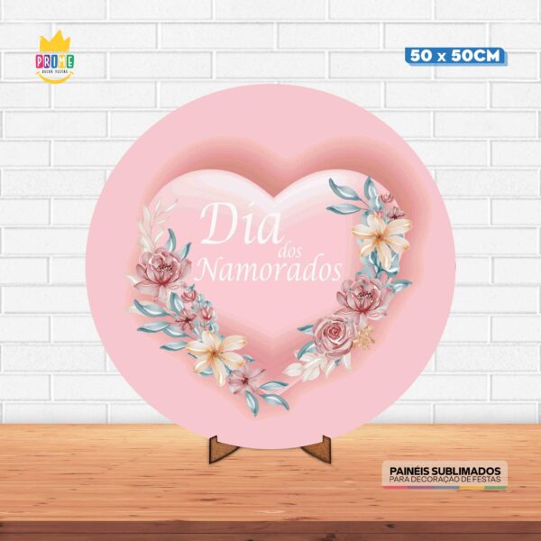 Painel Redondo 3D Dia dos Namorados Tecido 50cm X 50cm Com Suporte MDF