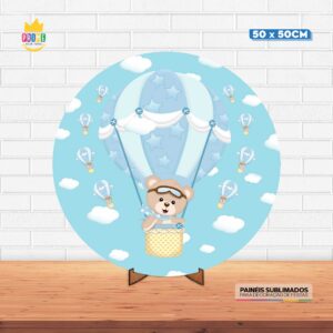 Painel Redondo 3D Ursinho Baloeiro Tecido 50cm X 50cm Com Suporte MDF