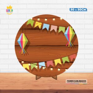 Painel Redondo 3D Festa Junina Tecido 50cm X 50cm Com Suporte MDF