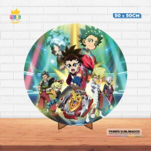 Painel Redondo 3D Beyblade Tecido 50cm X 50cm Com Suporte MDF