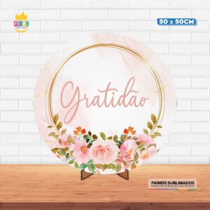 Painel Redondo 3D Gratidão Tecido 50cm X 50cm Com Suporte MDF