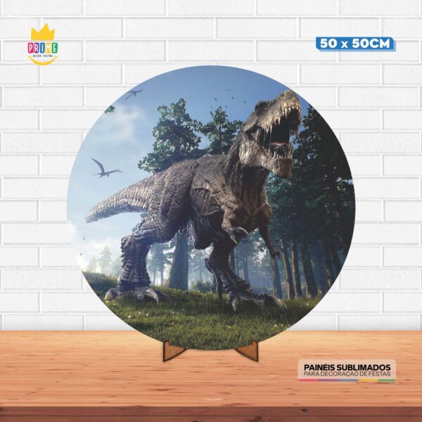 Painel Redondo 3D Dinossauro Tecido 50cm X 50cm Com Suporte MDF