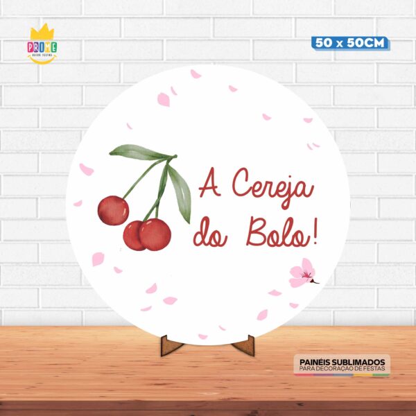 Painel Redondo 3D Cereja do Bolo Tecido 50cm X 50cm Com Suporte MDF