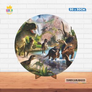 Painel Redondo 3D Dinossauro Tecido 50cm X 50cm Com Suporte MDF