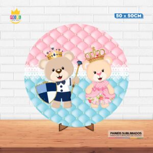 Painel Redondo 3D Ursinho e Ursinha Realeza Tecido 50cm X 50cm Com Suporte MDF