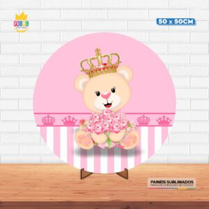 Painel Redondo 3D Ursinha Realeza Tecido 50cm X 50cm Com Suporte MDF