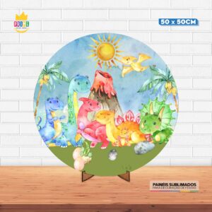 Painel Redondo 3D Dinossauro Baby Tecido 50cm X 50cm Com Suporte MDF