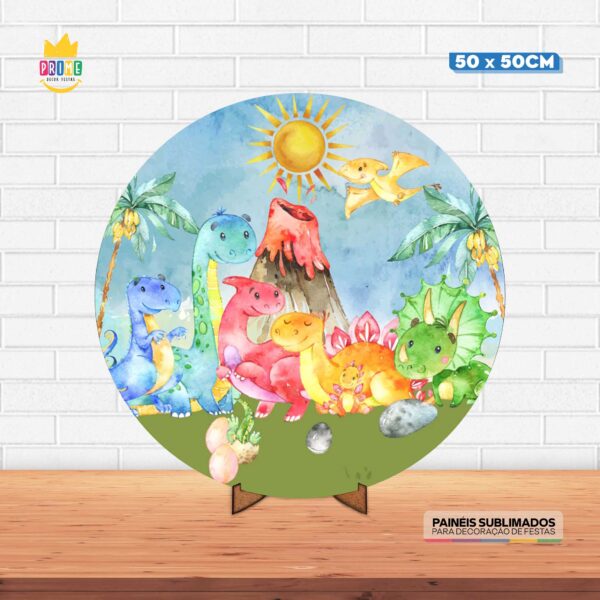 Painel Redondo 3D Dinossauro Baby Tecido 50cm X 50cm Com Suporte MDF