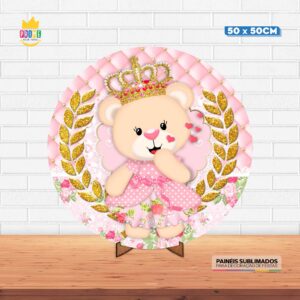 Painel Redondo 3D Ursinha Princesa Tecido 50cm X 50cm Com Suporte MDF