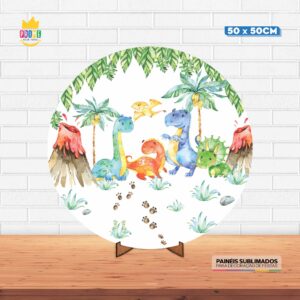 Painel Redondo 3D Dinossauro Baby Tecido 50cm X 50cm Com Suporte MDF