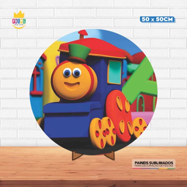 Painel Redondo 3D Bob o Trem Tecido 50cm X 50cm Com Suporte MDF