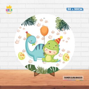 Painel Redondo 3D Dinossauro Baby Tecido 50cm X 50cm Com Suporte MDF