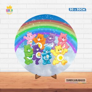 Painel Redondo 3D Ursinhos Carinhosos Tecido 50cm X 50cm Com Suporte MDF