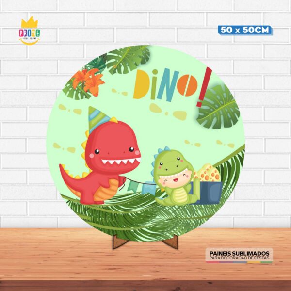 Painel Redondo 3D Dinossauro Baby Tecido 50cm X 50cm Com Suporte MDF
