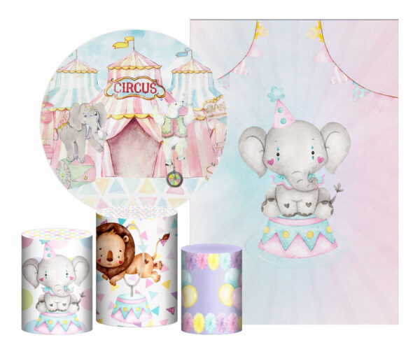 Kit Casado Circo Rosa Painel Redondo Trio Capas Cilindro Retangular Vertical Em Tecido