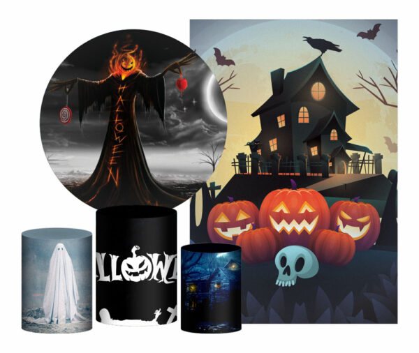 Kit Casado Halloween Painel Redondo Trio Capas Cilindro Retangular Vertical Em Tecido