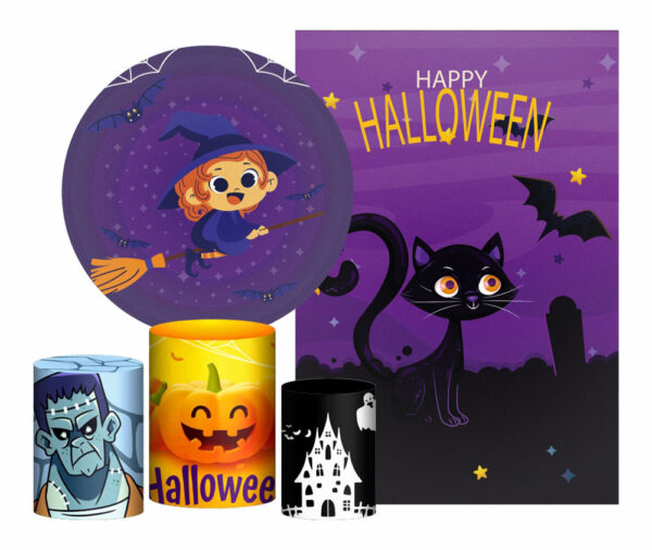 Kit Casado Halloween Painel Redondo Trio Capas Cilindro Retangular Vertical Em Tecido
