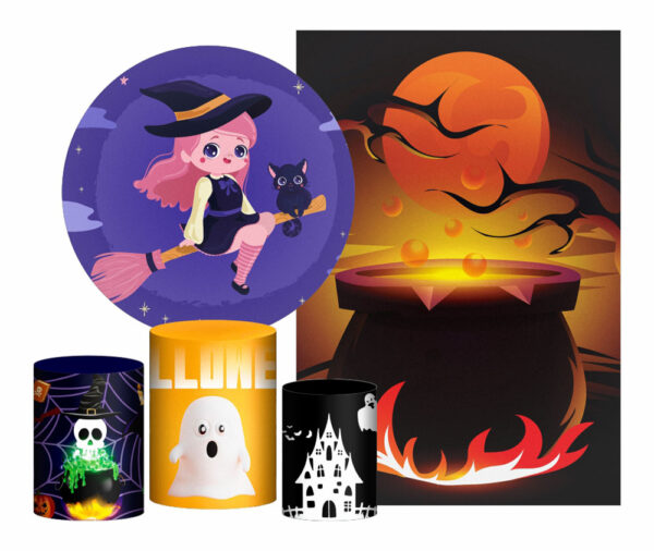 Kit Casado Halloween Painel Redondo Trio Capas Cilindro Retangular Vertical Em Tecido