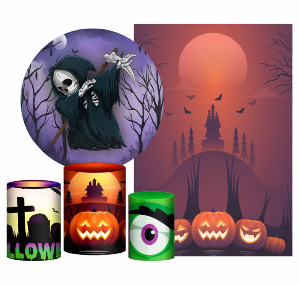 Kit Casado Halloween Painel Redondo Trio Capas Cilindro Retangular Vertical Em Tecido