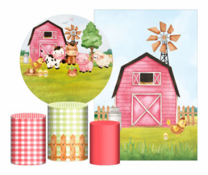 Kit Casado Fazendinha Painel Redondo Trio Capas Cilindro Retangular Vertical Em Tecido
