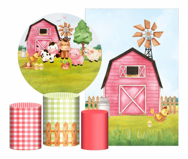 Kit Casado Fazendinha Painel Redondo Trio Capas Cilindro Retangular Vertical Em Tecido