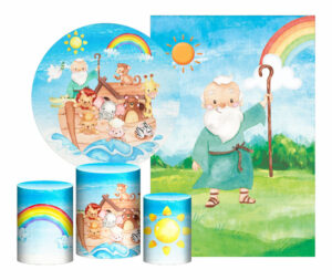 Kit Casado Arca de Noé Painel Redondo Trio Capas Cilindro Retangular Vertical Em Tecido
