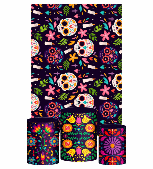 Kit Casado Caveira Mexicana Trio Capa Cilindro Retangular Tecido