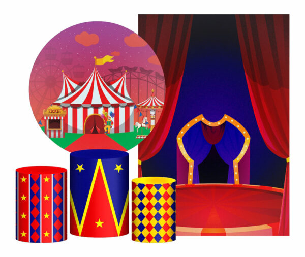 Kit Casado Circo Painel Redondo Trio Capas Cilindro Retangular Vertical Em Tecido