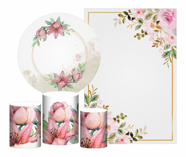 Kit Casado Floral  Painel Redondo Trio Capas Cilindro Retangular Vertical Em Tecido