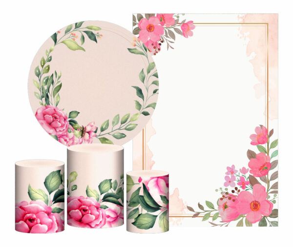 Kit Casado Floral  Painel Redondo Trio Capas Cilindro Retangular Vertical Em Tecido
